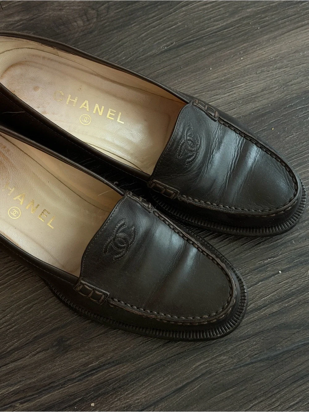CHANEL Dark Brown Leather Penny Loafers